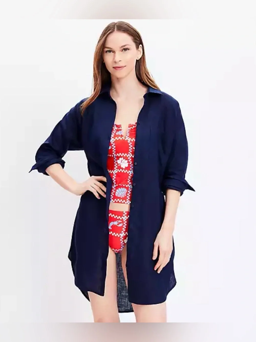 LOFT Navy Long Button-Front Swim Cover-Up size large